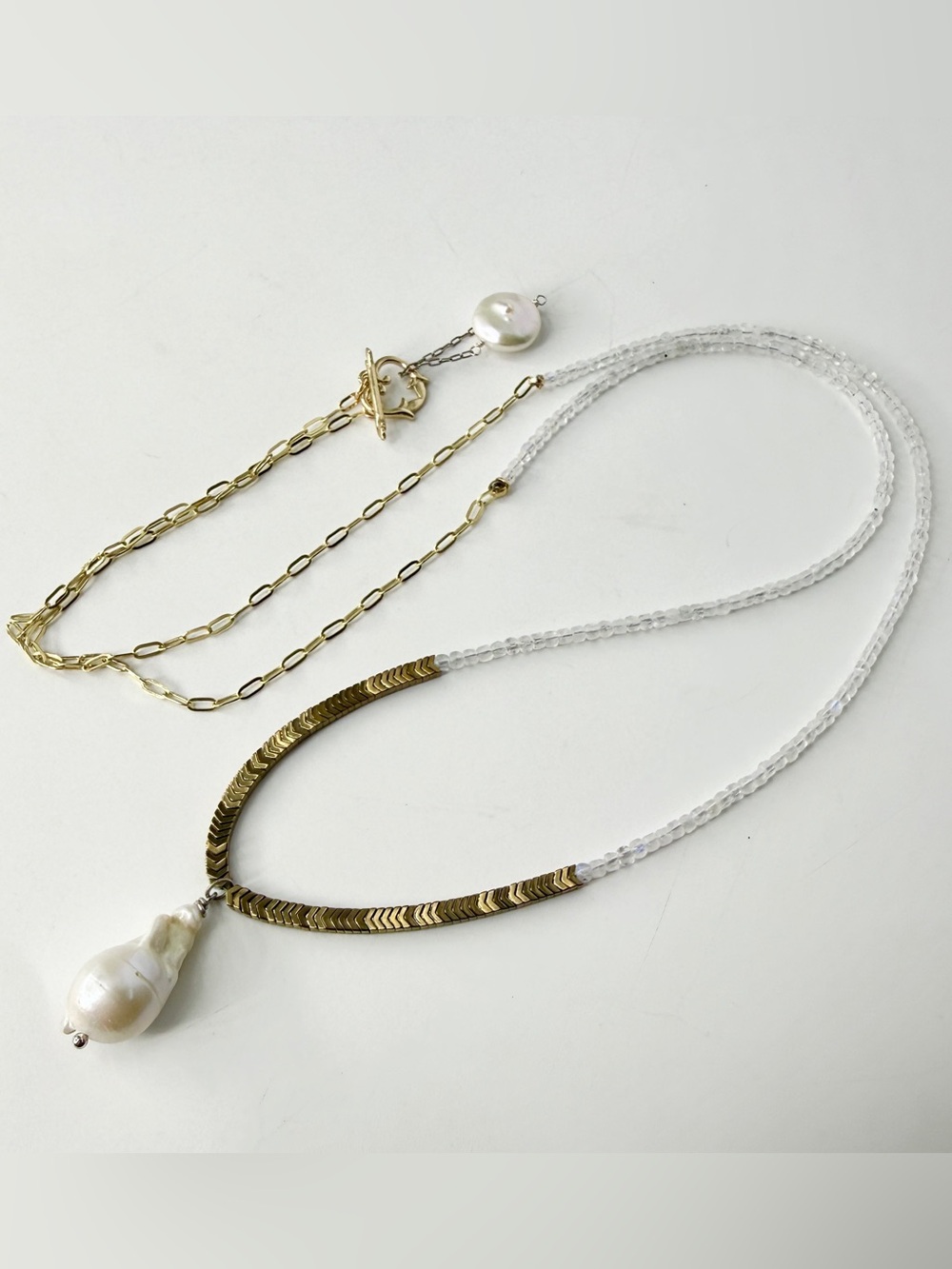Long Moonstone Necklace, Wrap Necklace, White Baroque Pearl Pendant